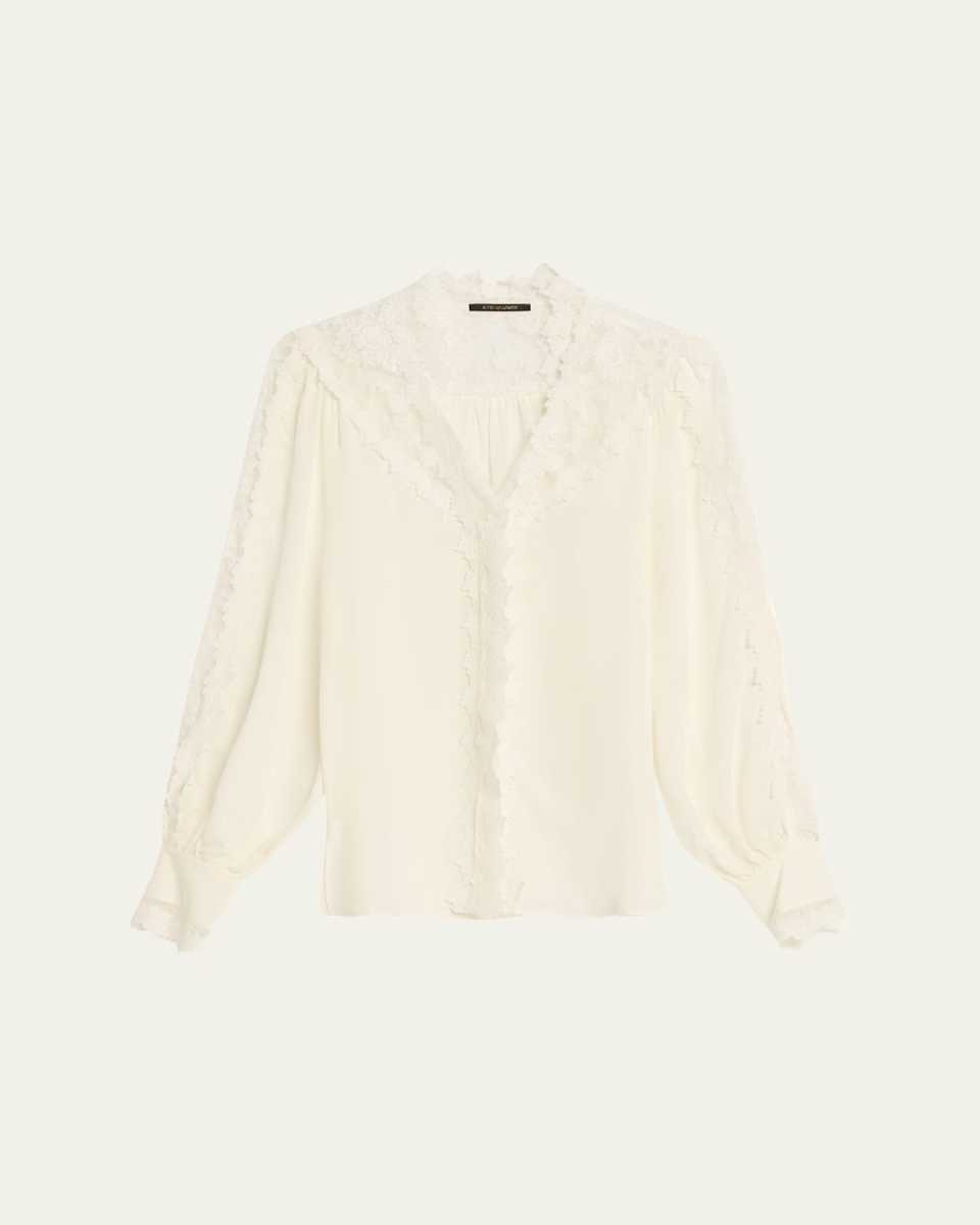 Miguel Embroidered Sheer-Inset Silk Blouse